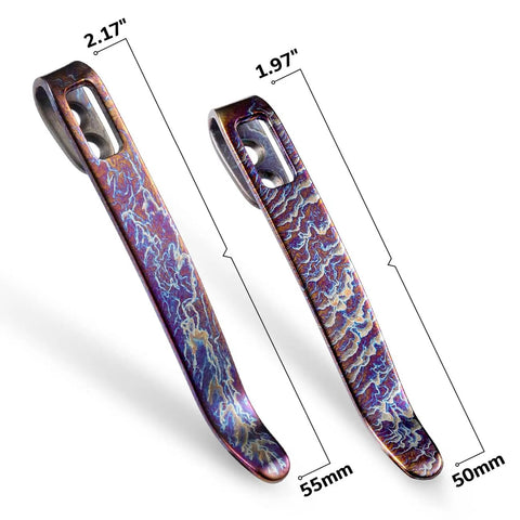 Kick Your Everyday Carry Game Up With These Premium Flamed Titanium Pocket Knife Clips Featuring Two Replacement Rails In 50 mm And 55 mm Sizes With Neat Recessed Screw Holes And Absolutely Zero Bolts Tangled On Them For A Slick Custom Build.