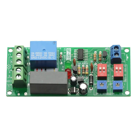 Front view of a Dual Time Adjustable Cycle Delay Timer Relay Module with Infinite Loop Repeat On Off Switch for AC 100V to 240V projects.