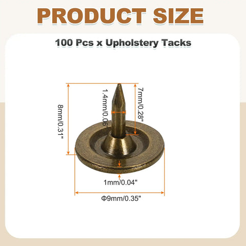 Super Solid Bronze Flat Head Upholstery Thumb Tacks For Walls And Wood Furniture 100 Pack Of Heavy Duty Push Pin Nails showing size dimensions.