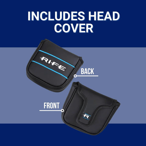 Back and front view of putter headcover included with Extra Long 38 Inch Putter With 16 Inch Grip For Maximum Reach And Stability