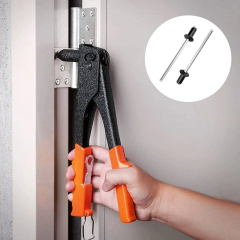 Black Aluminum Blind Rivets Set 100 Pcs One Eighth By One Quarter Inch Grip For Marine Boat Kayak DIY Repairs Durable Fastening Ideal For Saltwater And Freshwater Use Works With Most Rivet Tools With Two To Three Millimeter Grip Range, shown with rivet tool in use on door hinge.