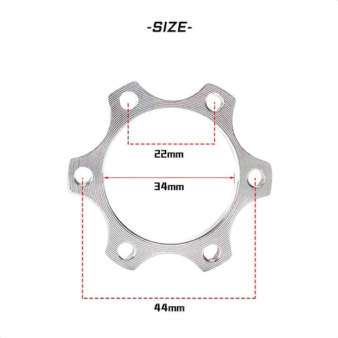 2 Pack 44 Mm Bike Freewheel Threaded Hubs And 6 Bolt Disc Rotor Flange Adapter with size chart showing 22mm center and 34mm inner diameter