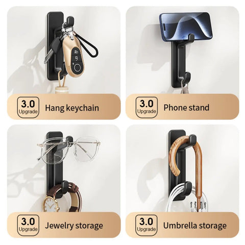 Image showing Four Five Pack Heavy Duty Adhesive Wall Hooks That Hold Up To 22 Lbs No Drill Install Easy On Clean Removal Sleek Black Finish For Kitchen Bathroom And Beyond Perfect For Towel Racks Utensils And More used as keychain hook, phone stand, jewelry, and umbrella storage