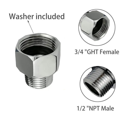 Swivel Garden Hose Adapter 3/4 GHT Female To 1/2 NPT Male Brass Fitting Chrome Finish Easy Rotating Nut For Quick Leak Free Connection From Hose To Shower And Other Outdoor Water Accessories with washer included