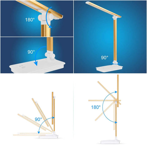 Must Have LED Desk Lamp With USB Charger, Dimmable Eye Caring Light showing 180° head rotation and foldable design angles.