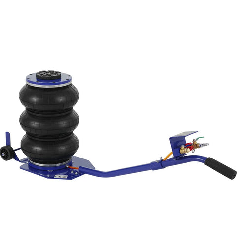 Beefy Triple Bag Air Jack 3 Ton Lift For Cars, Fast 3 To 5 Second Lift Up To Fifteen Inches, 6600 Lb Capacity, shown in blue with long handle