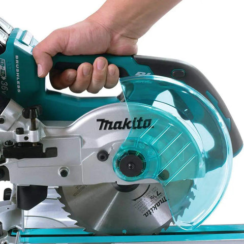 Dual Slide Seven And A Half Inch Cordless Miter Saw With Brushless Motor 18V X2 LXT Tool Only 5700 RPM About 28 Lbs With Battery Not Included Cuts 2x12 Inch At 90 Degrees And 2x8 Inch At 45 Degrees Cuts Like A Boss