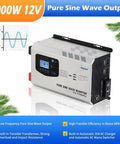 6000W Peak Pure Sine Wave Inverter Charger with LCD display and 2000W continuous output, showing voltage graph and features.