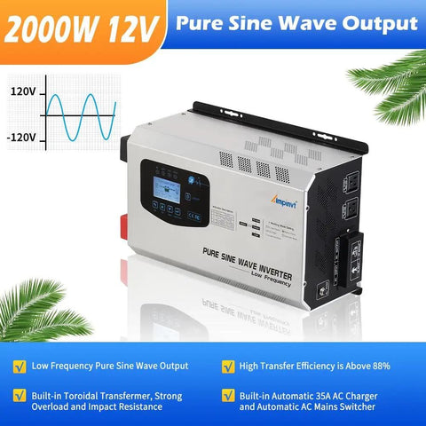 6000W Peak Pure Sine Wave Inverter Charger with LCD display and 2000W continuous output, showing voltage graph and features.