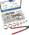 80 Piece Stainless Steel Single Ear Hose Clamps Kit With Pincers For Sizes 7 To 21 Millimeters, displayed in a plastic case with pincers