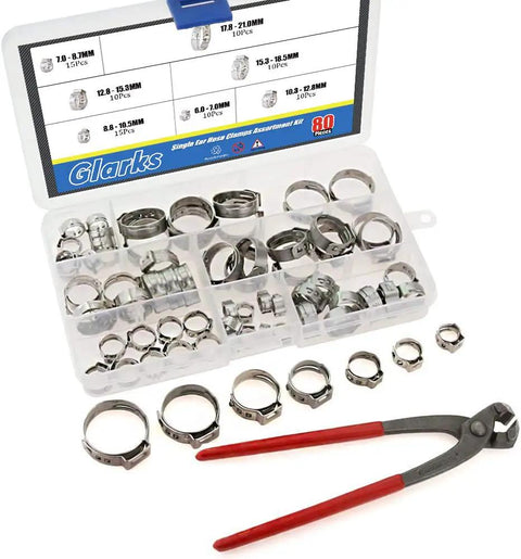80 Piece Stainless Steel Single Ear Hose Clamps Kit With Pincers For Sizes 7 To 21 Millimeters, displayed in a plastic case with pincers
