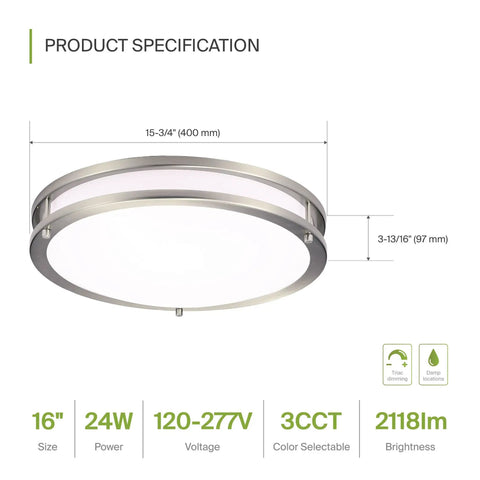 Lit Round 16 Inch LED Flush Mount Ceiling Light With 3CCT Dimmable Brightness specification diagram, Energy Star Rated