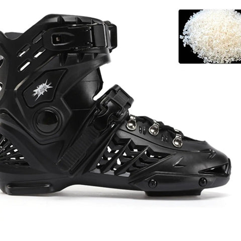 Black inline skate with full protective shell and ratchet buckle beside grain material representing features.