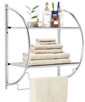 Wall Mount Two Tier Bathroom Shelf With Towel Bars Chrome Rustproof Finish 18 Inch Wide 22 Inch High Space Saving Bathroom Organizer