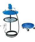 Professional Air Operated Grease Pump For 120 Lb Drums Built Tough To Crush Daily Shop Grind With A Silent Noncorrosive Motor And Complete Booster Gun Hose Plus Rolling Cart Kit with pump and trolley.