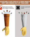 Comparison of rugged leather work gloves with adjustable cuff next to a non-adjustable glove. Highlight on elastic strap feature.