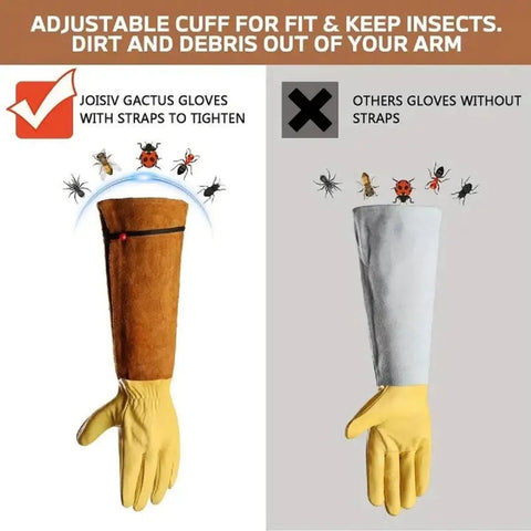 Comparison of rugged leather work gloves with adjustable cuff next to a non-adjustable glove. Highlight on elastic strap feature.