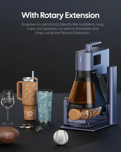 Dual 20W Fiber And Diode Laser Engraver Cutter With Rotary And Slide Extensions, shown engraving cylindrical objects