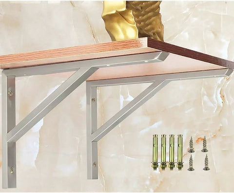Rock Solid Heavy Duty Angle Brackets for Wall Shelves supporting a wooden shelf, showcasing steel brackets and screws.