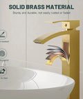 Brushed Gold Vessel Sink Faucet With Waterfall Design Tall Spout Single Handle Single Hole DIY Friendly Installation Pop Up Drain Without Overflow Durable Bathroom Basin Faucet Supply Line next to sink, showing waterfall flow and solid brass material.