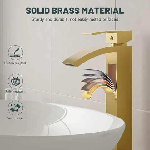 Brushed Gold Vessel Sink Faucet With Waterfall Design Tall Spout Single Handle Single Hole DIY Friendly Installation Pop Up Drain Without Overflow Durable Bathroom Basin Faucet Supply Line next to sink, showing waterfall flow and solid brass material.