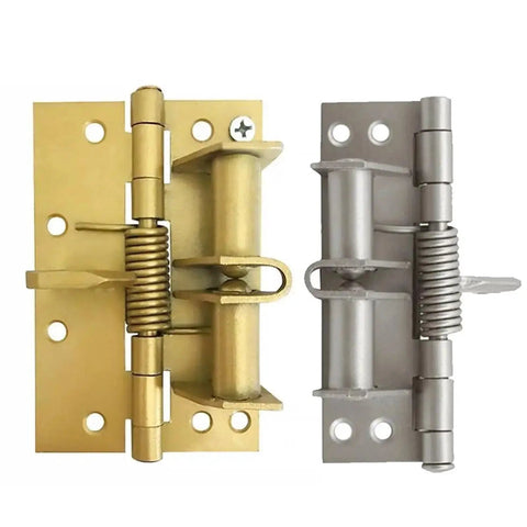 Hella Sturdy Automatic Self Closing Door Hinge Spring Loaded Cabinet Hardware With 90 Degree Precision Alignment Easy Mount Smooth Operation in gold and silver.
