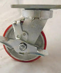 Heavy Duty Caster Set Featuring 5 Inch Polyurethane Wheels On Steel Core Kingpinless Swivel With Top Lock Brake.