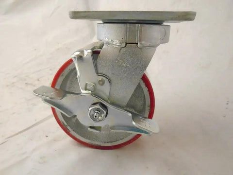 Heavy Duty Caster Set Featuring 5 Inch Polyurethane Wheels On Steel Core Kingpinless Swivel With Top Lock Brake.