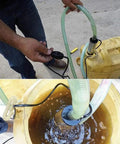 Man operating Plug And Play Mini 12V Fuel Transfer Pump With Heavy Duty Stainless Housing and quick toggle switch, transferring liquid from a yellow can.
