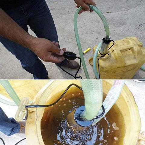 Man operating Plug And Play Mini 12V Fuel Transfer Pump With Heavy Duty Stainless Housing and quick toggle switch, transferring liquid from a yellow can.