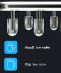 Close-up of ice cube sizes showing small and big options for Super Compact Countertop Ice Maker Machine For Home And Bars Yields Fresh Cubes In Six Minutes Flat.