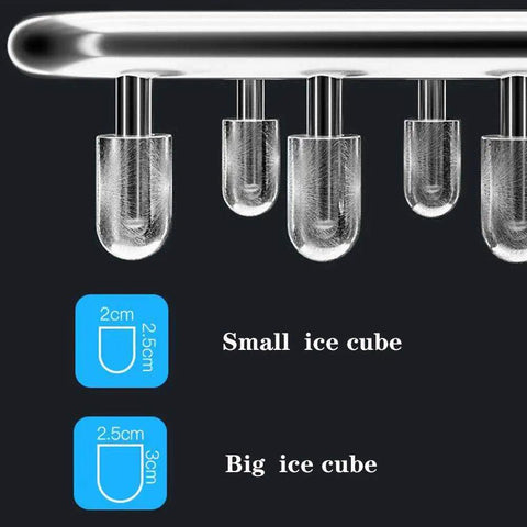 Dope Portable Countertop Ice Maker Features Lightning Fast Six Minute Freeze Tech with small and big ice cube sizes shown.
