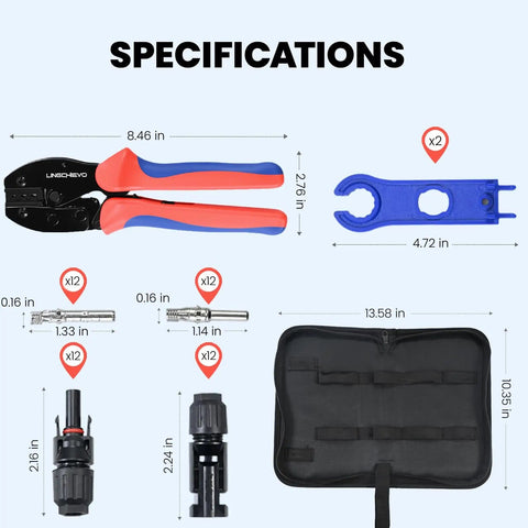 Specifications of Solar Crimping Tool Kit With 12 MC4 Connectors And Spanner Wrenches For 14 To 10 AWG Solar Panel Cable Wire Crimping