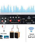 Back view of compact stereo amplifier with Bluetooth 5.0 showing speaker and power inputs, RCA cable, and Bluetooth connectivity icons.