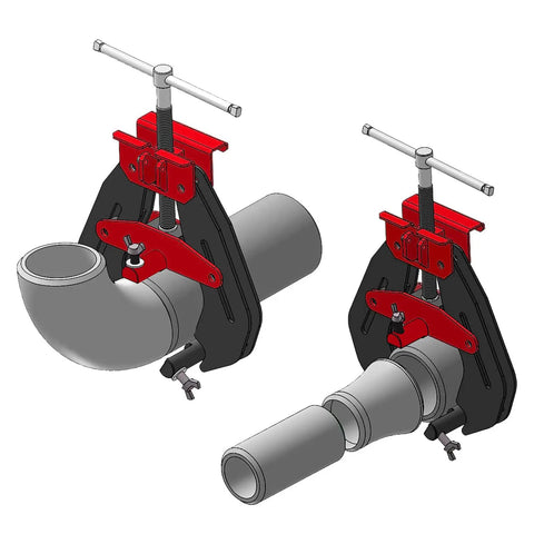 Pipe Clamp Two To Six Inches Quick Release T Handle Welding Alignment Tool securing pipe and elbow, wide grip plates visible