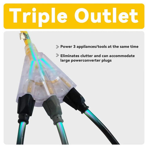Triple outlet of Heavy Duty 25 Foot 12 Gauge Extension Cord With Three Outlets Indoor Outdoor Power Cable 15A 125V 1875W