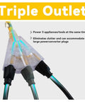 Close-up of triple outlet on 2 Pack 50 Ft 12 Gauge Heavy Duty Extension Cords With Lighted End, 3 Outlet Indoor Outdoor Power Cords.