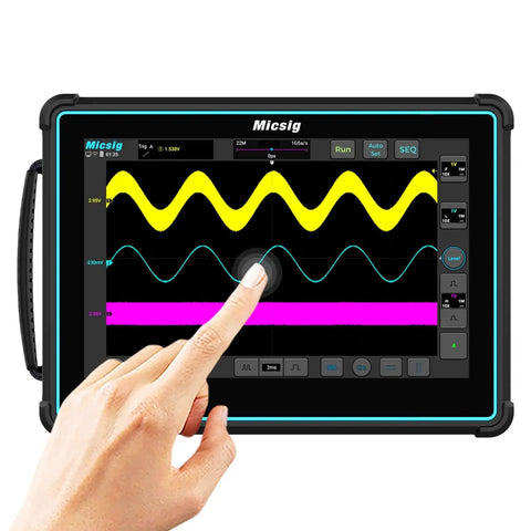 On The Go 4 Channel Oscilloscope With 100 MHz Bandwidth And 1 Giga Samples Per Second Sampling Rate Portable Handheld Scope with a 10 inch touch screen in use.