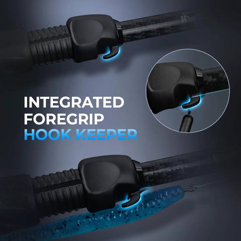 Close-up of integrated foregrip hook keeper on Travel Ready 4 Piece Spinning And Casting Fishing Rods With Twin Tip For Dual Use IM7.