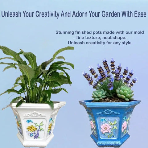 Hexagonal Concrete Planter Molds For DIY Garden Projects Reusable Large Geometric Planter Molds For Outdoor Decor Durable And Easy To Use For Crafting Modern Yard Pots 31 CM showcasing finished plant pots with vibrant blooms and textures.