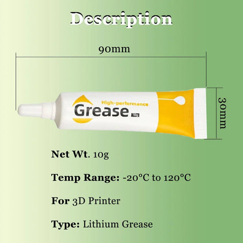 5 Pack 3D Printer Lubricant Kit Grease For Optical Axis And Gears Lube Up For Smooth Motion Includes Five Applicators Wide Compatibility With Bambu Lab X1 X1C P1P P1S A1 Mini Kobra 2 Neptune 4 Ender 3 V3 KE V3 CR10 SE, 10g lithium grease tube
