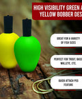 High Visibility Fishing Floats Set with bright green and yellow bobbers on wooden surface for quick bite detection and use.