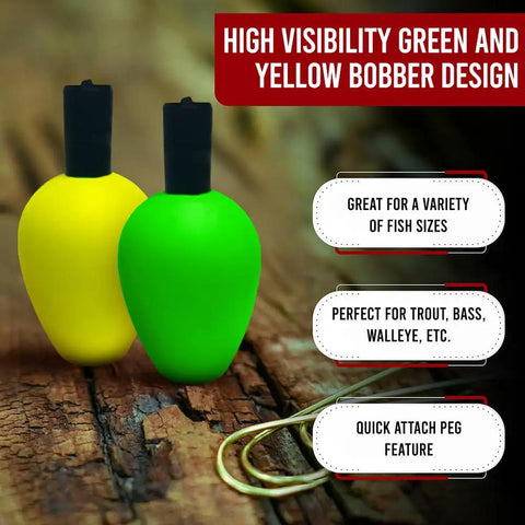 High Visibility Fishing Floats Set with bright green and yellow bobbers on wooden surface for quick bite detection and use.
