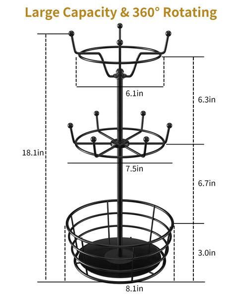 Dimensions of Dope 360 Degree Rotating Mug Holder Tree With Ten Hooks, A Three Tier Coffee Cup Rack For Countertop, Bar Station Organizer And Kitchen Decor, Ideal For Home Office Dorm And Break Room, featuring 18.1 inch height and multiple tiers.