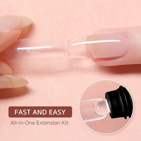 Close-up of clear gel nail extension from Poly Gel Nail Kit With UV Light Starter Kit For Beginners 6 Pcs Builder Gel Extension Set