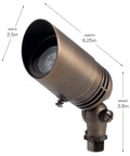 12V MR16 Adjustable Cowl Brass Accent Light For Landscape Lighting In Centennial Brass Finish, Directional Outdoor Fixture, Dope Low Voltage Spotlight For Trees And Statues, Model 15485CBR with adjustable head; dimensions labeled