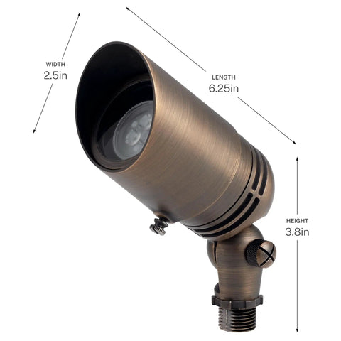 12V MR16 Adjustable Cowl Brass Accent Light For Landscape Lighting In Centennial Brass Finish, Directional Outdoor Fixture, Dope Low Voltage Spotlight For Trees And Statues, Model 15485CBR with adjustable head; dimensions labeled