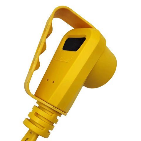 Close-up of rotatable connector handle on Tailgate Ready RV 30A Extension Cord With TT-30 Plug And Receptacle, 75 Ft Outdoor Camper Power Cable