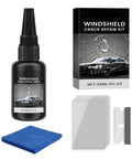 DIY No Fuss Windshield Repair Kit For Chips And Cracks With Advanced Formula Liquid Resin, bottle, box, razor, cloth