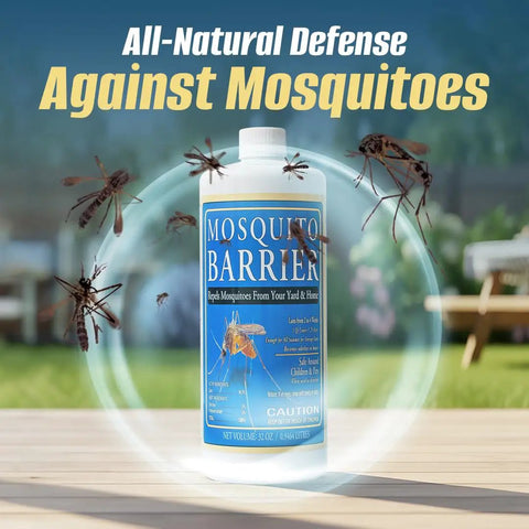 Liquid Garlic Mosquito Repellent Concentrate For Yards And Lawns, Easy Water Mix, outdoor bottle image with mosquito graphics